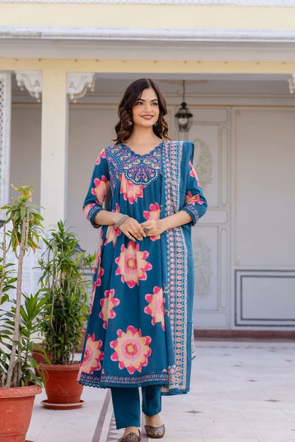 Teal Blue Floral Printed Anarkali Kurti Pant Set