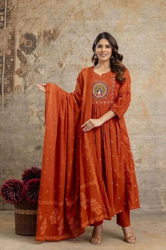 Terracotta Peacock Embroidered Kurta Set with Flowy Dupatta