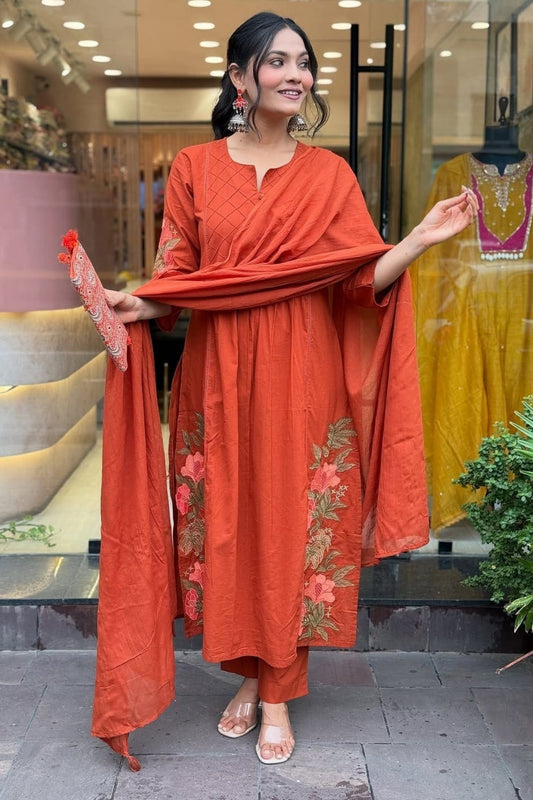 Rust Floral Embroidered Cotton Kurta Set with Dupatta