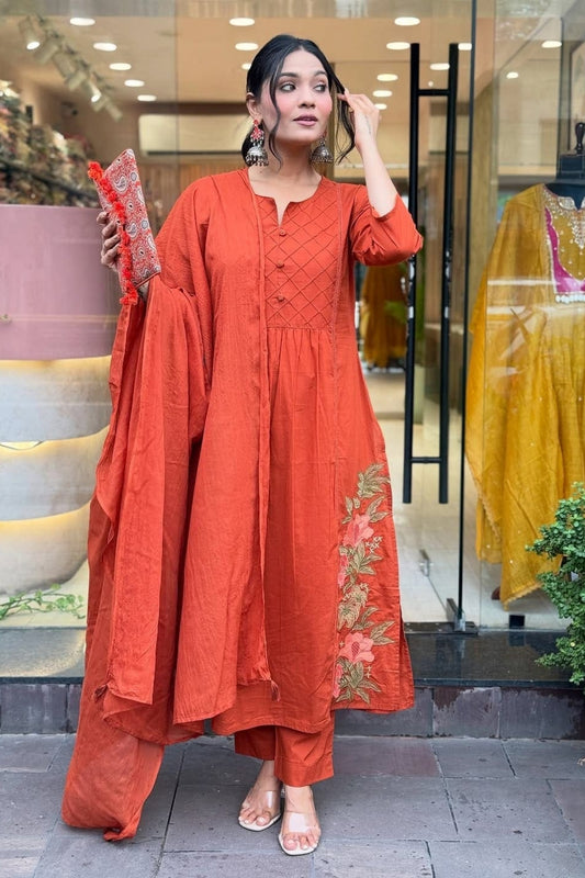 Rust Floral Embroidered Cotton Kurta Set with Dupatta