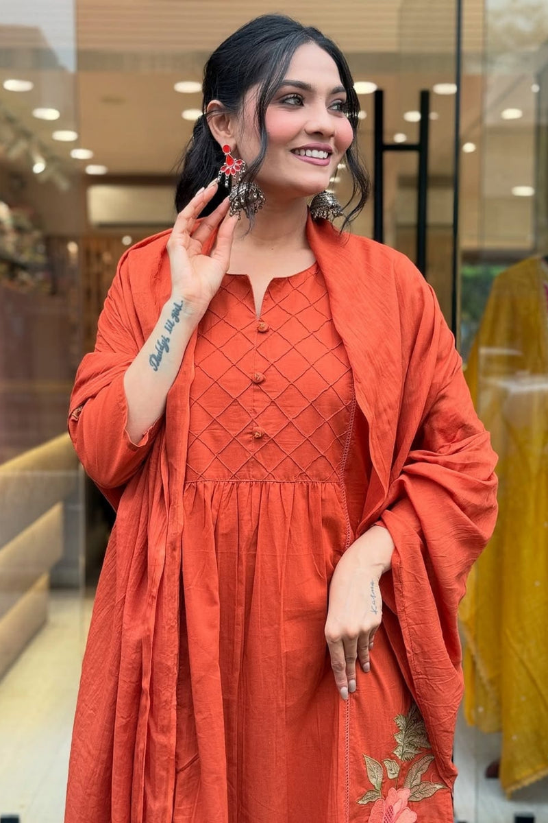Rust Floral Embroidered Cotton Kurta Set with Dupatta