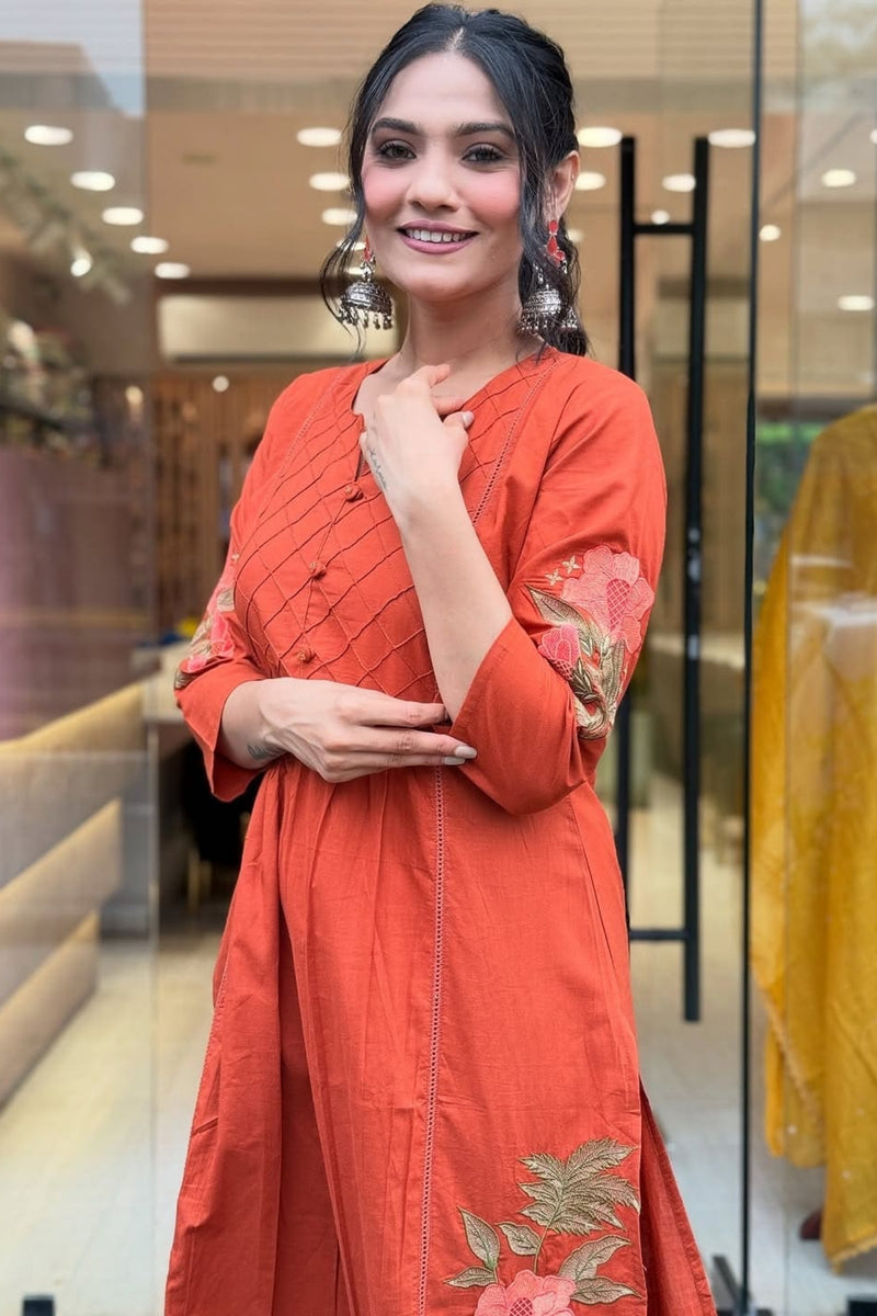 Rust Floral Embroidered Cotton Kurta Set with Dupatta
