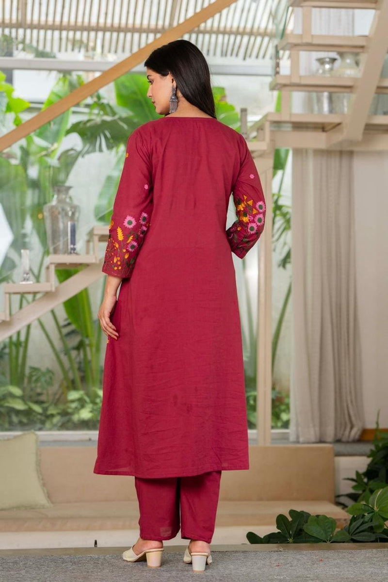 Wine Floral Embroidered Anarkali Kurta Set with Cotton Pant