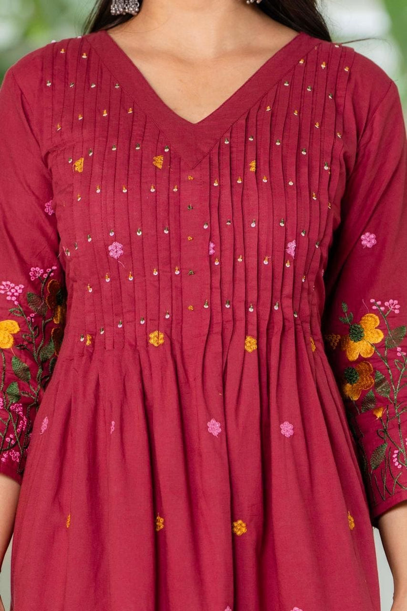 Wine Floral Embroidered Anarkali Kurta Set with Cotton Pant