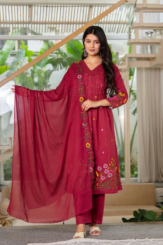 Wine Floral Embroidered Anarkali Kurta Set with Cotton Pant