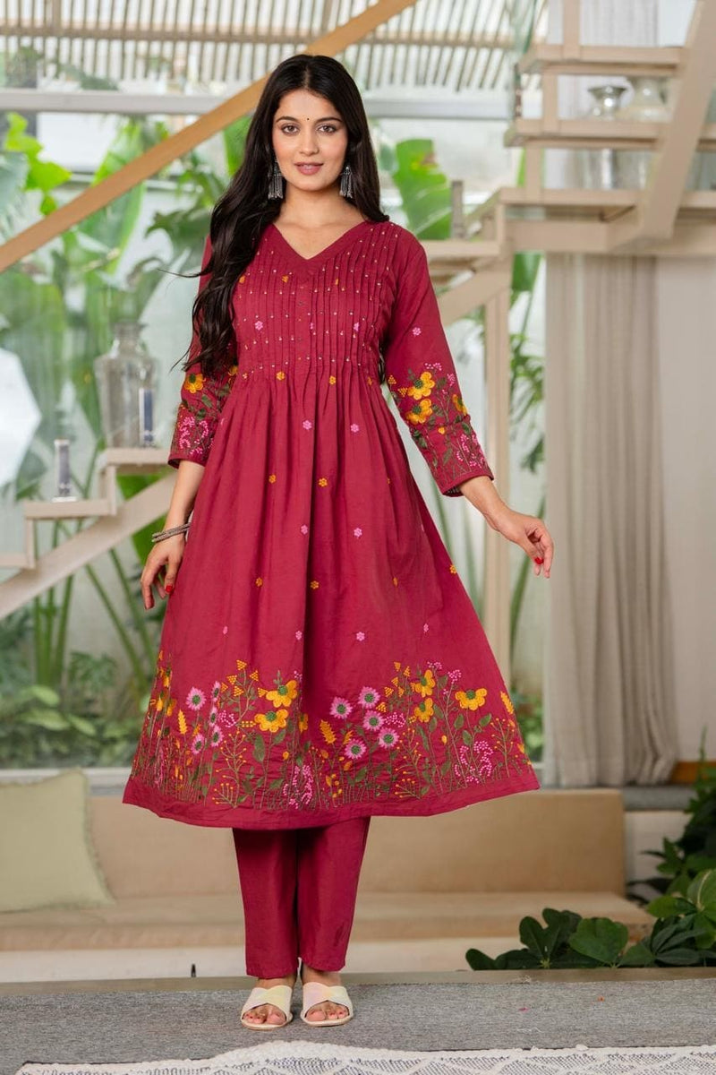 Wine Floral Embroidered Anarkali Kurta Set with Cotton Pant