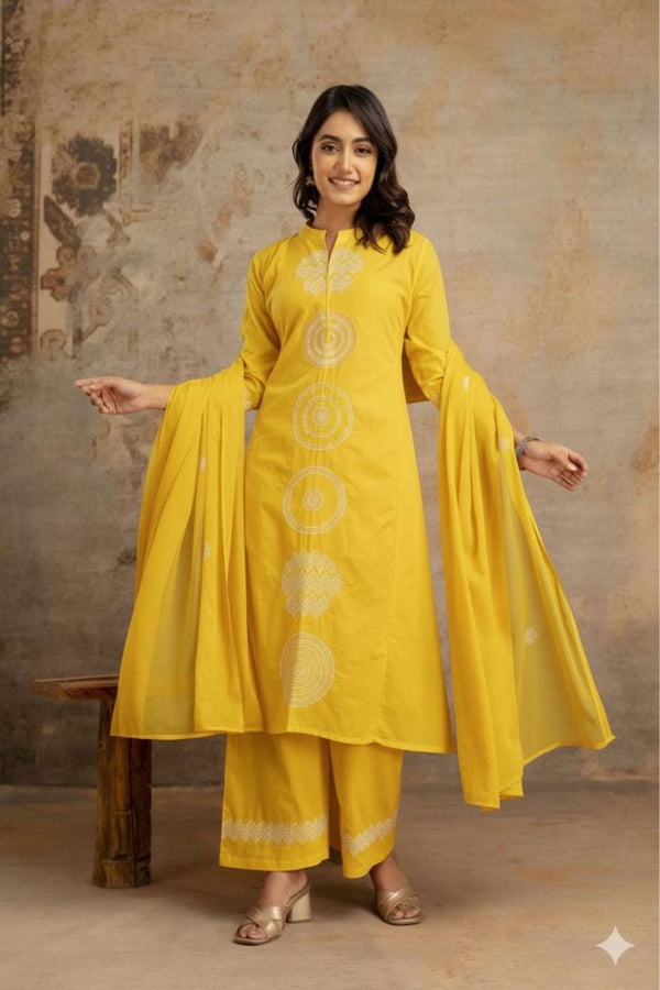Yellow Geo-Pattern Cotton Kurta Pant Set with Flowing Dupatta