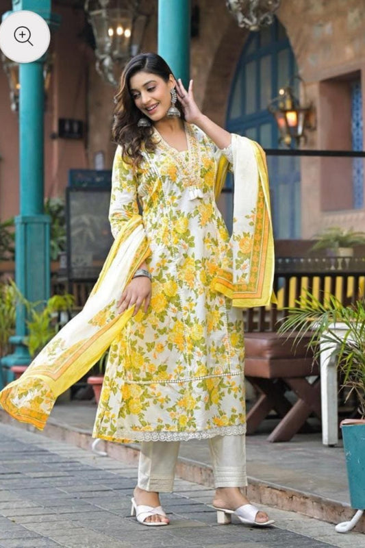Yellow Floral Cotton Kurta Set with Lace and Dupatta