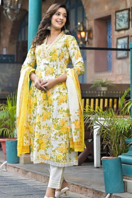 Yellow Floral Cotton Kurta Set with Lace and Dupatta