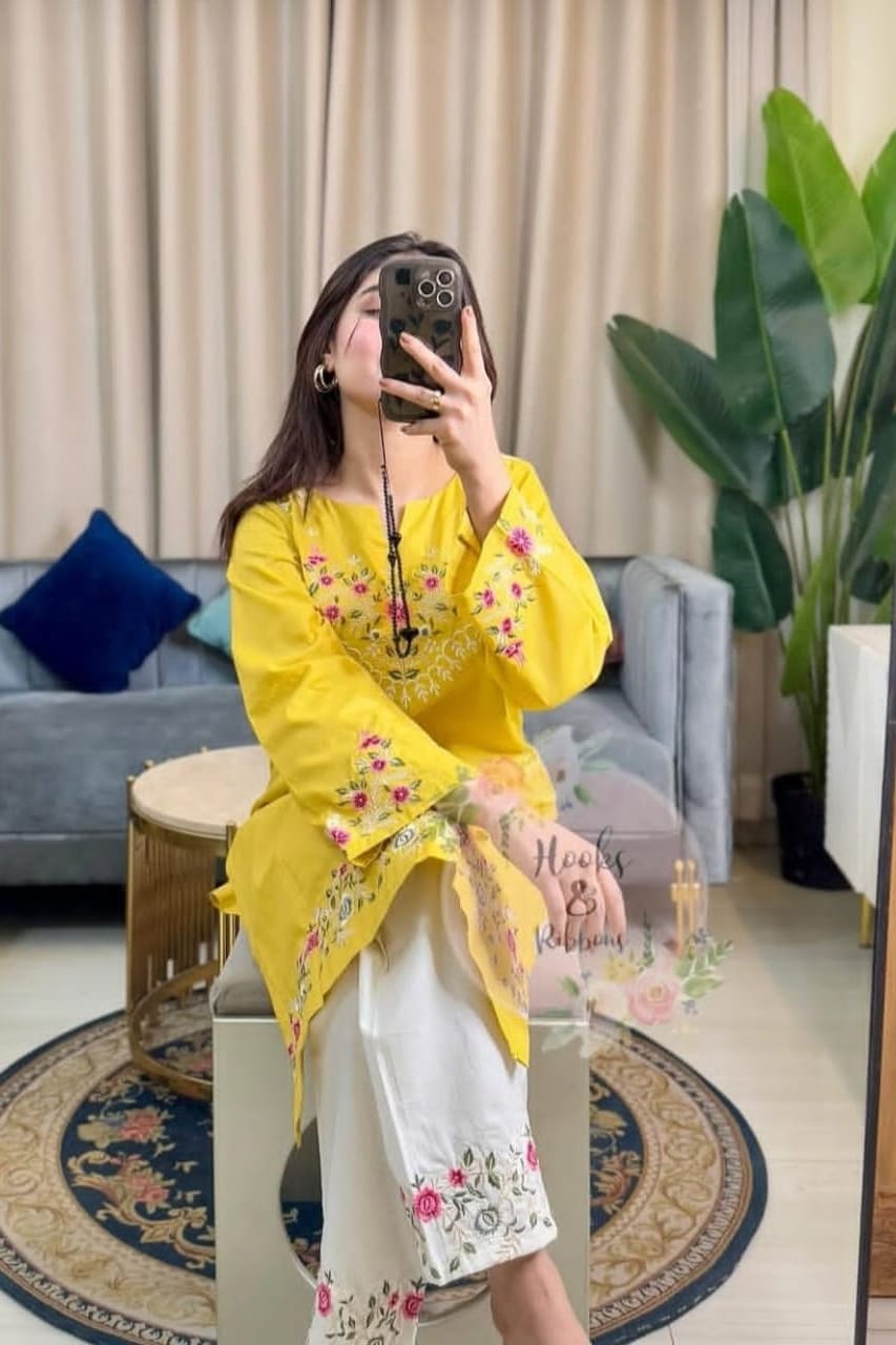 Yellow Floral Embroidered Kurti With White Pant Set