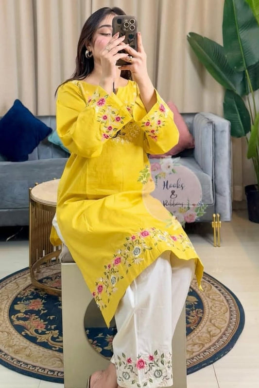 Yellow Floral Embroidered Kurti With White Pant Set