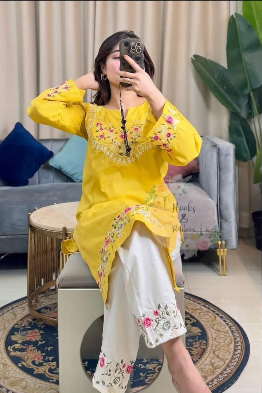 Yellow Floral Embroidered Kurti With White Pant Set