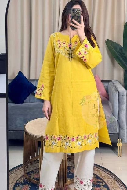 Yellow Floral Embroidered Kurti With White Pant Set