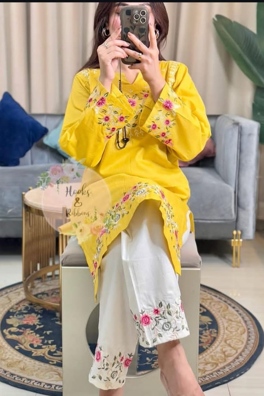 Yellow Floral Embroidered Kurti With White Pant Set