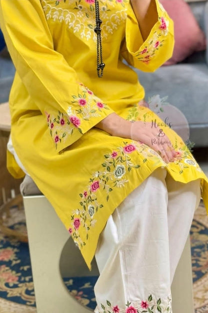 Yellow Floral Embroidered Kurti With White Pant Set